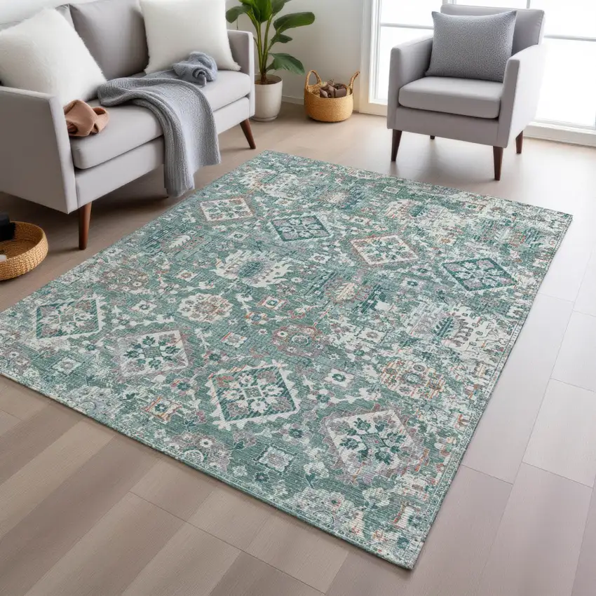 Pale Aqua And Copper Floral Medallion Washable Indoor Outdoor Area Rug Photo 6