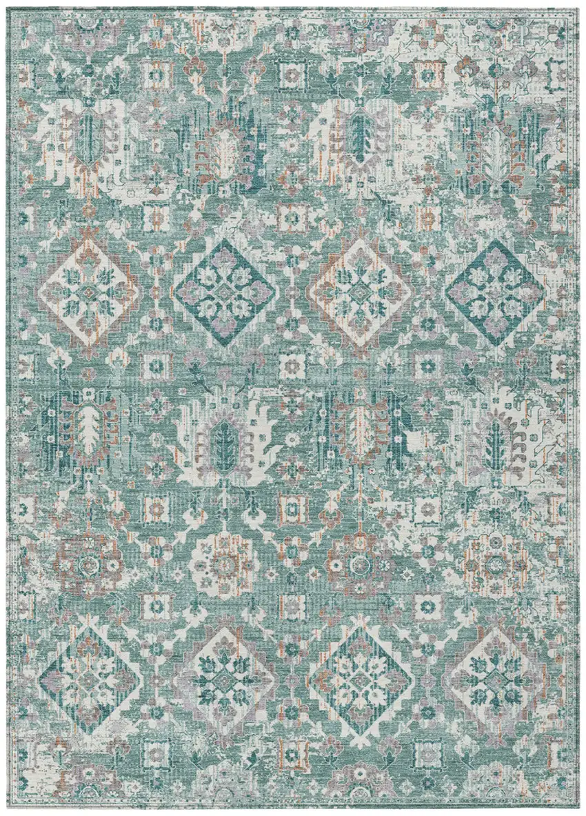 Pale Aqua And Copper Floral Medallion Washable Indoor Outdoor Area Rug Photo 1