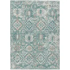 Photo of Pale Aqua And Copper Floral Medallion Washable Indoor Outdoor Area Rug