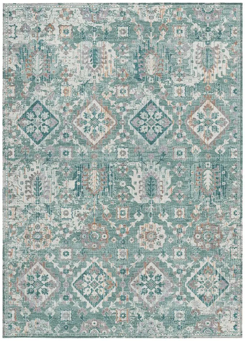 Pale Aqua And Copper Floral Medallion Washable Indoor Outdoor Area Rug Photo 4