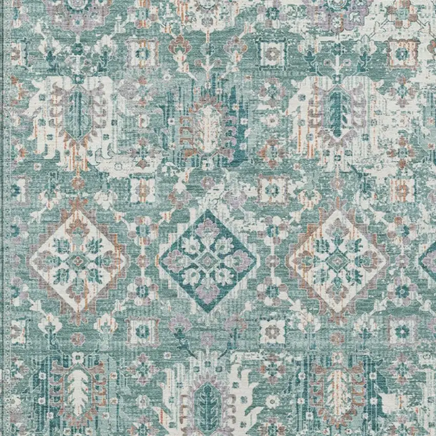 Pale Aqua And Copper Floral Medallion Washable Indoor Outdoor Area Rug Photo 7