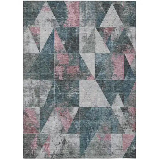 Pale Aqua And Coral Geometric Washable Indoor Outdoor Area Rug Photo 1