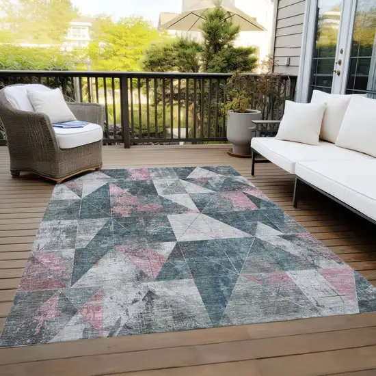 Pale Aqua And Coral Geometric Washable Indoor Outdoor Area Rug Photo 8