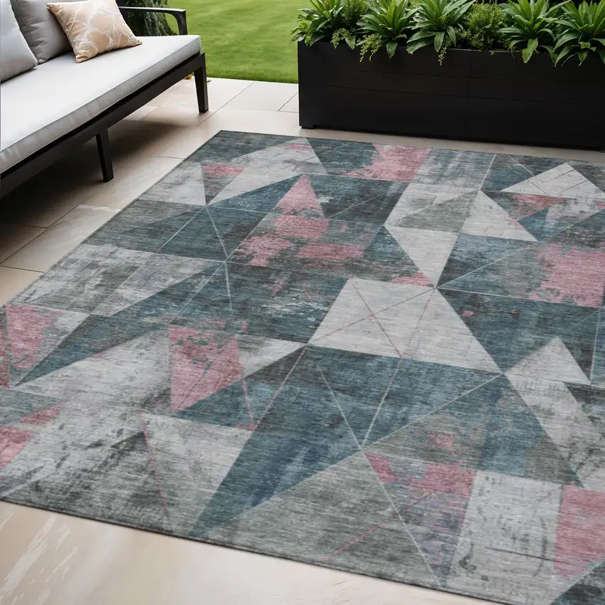Pale Aqua And Coral Geometric Washable Indoor Outdoor Area Rug Photo 2
