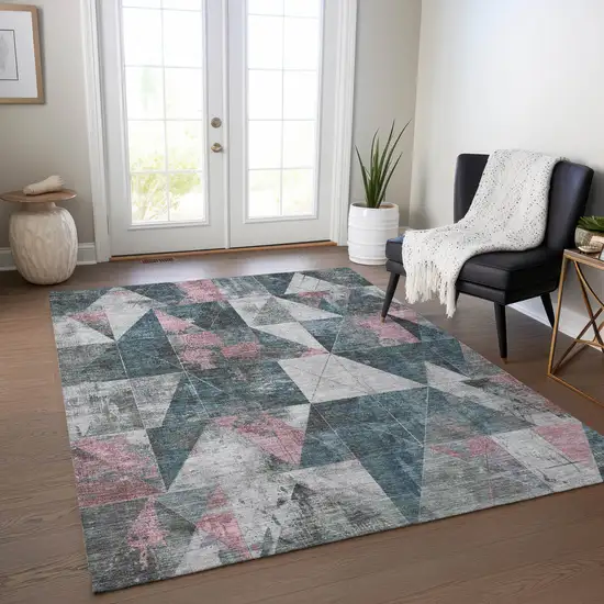 Pale Aqua And Coral Geometric Washable Indoor Outdoor Area Rug Photo 6