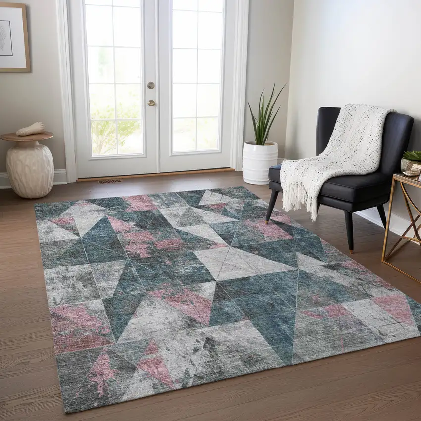 Pale Aqua And Coral Geometric Washable Indoor Outdoor Area Rug Photo 6