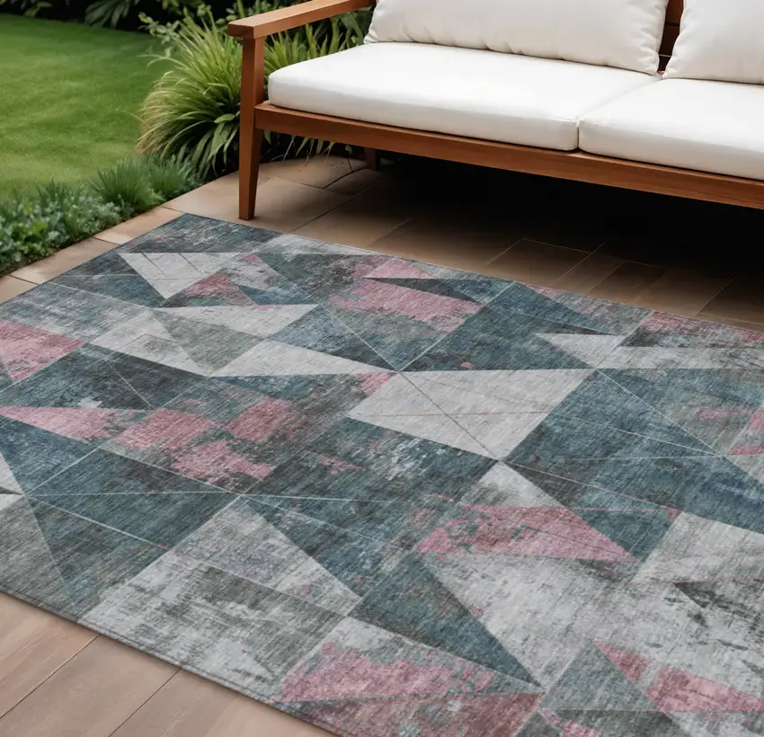 Pale Aqua And Coral Geometric Washable Indoor Outdoor Area Rug Photo 2