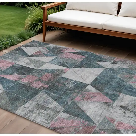 Pale Aqua And Coral Geometric Washable Indoor Outdoor Area Rug Photo 2