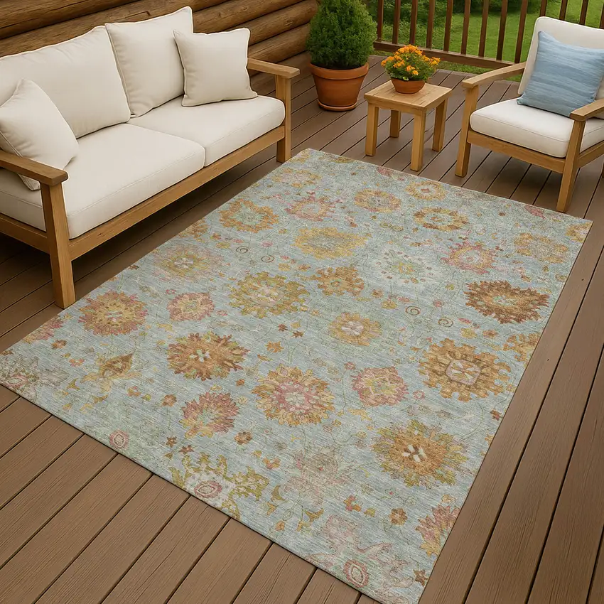 Pale Aqua And Gold Damask Washable Indoor Outdoor Area Rug Photo 9