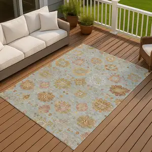 Photo of Pale Aqua And Gold Damask Washable Indoor Outdoor Area Rug
