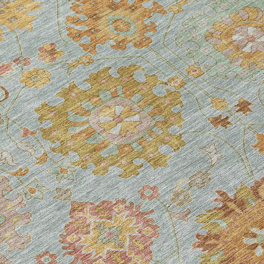 Pale Aqua And Gold Damask Washable Indoor Outdoor Area Rug Photo 6
