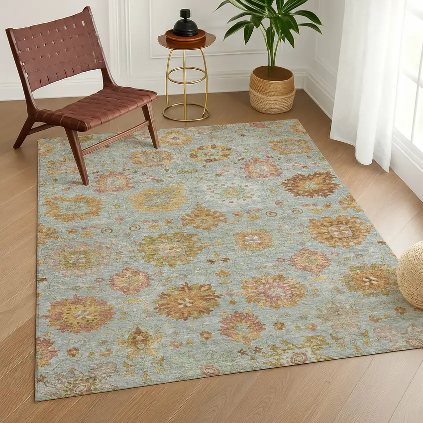 Pale Aqua And Gold Damask Washable Indoor Outdoor Area Rug Photo 9