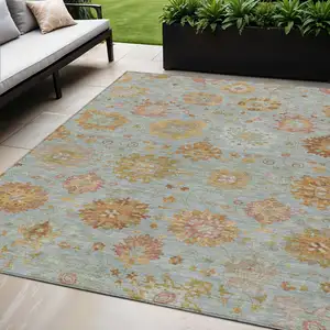 Photo of Pale Aqua And Gold Damask Washable Indoor Outdoor Area Rug