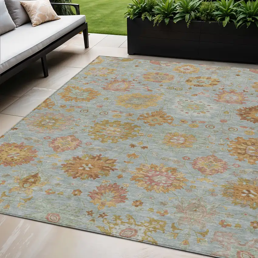 Pale Aqua And Gold Damask Washable Indoor Outdoor Area Rug Photo 1