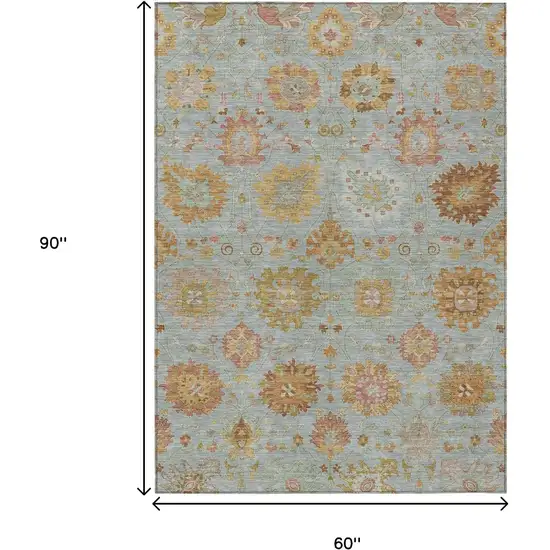 Pale Aqua And Gold Damask Washable Indoor Outdoor Area Rug Photo 3