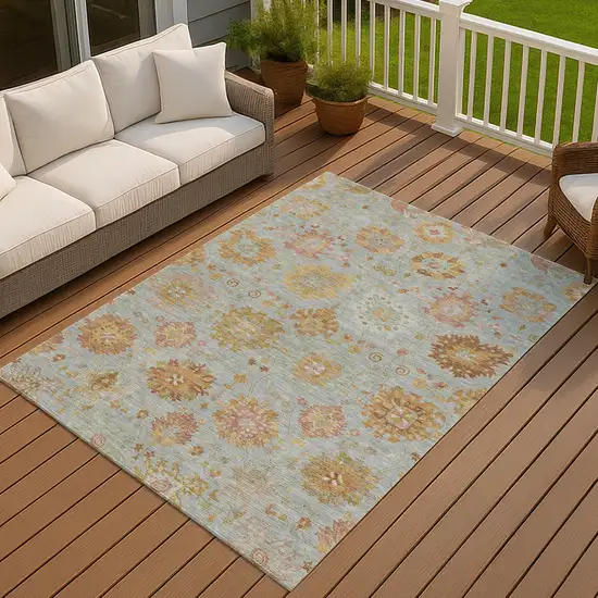 Pale Aqua And Gold Damask Washable Indoor Outdoor Area Rug Photo 8
