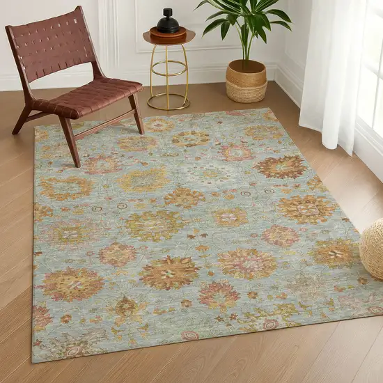 Pale Aqua And Gold Damask Washable Indoor Outdoor Area Rug Photo 9