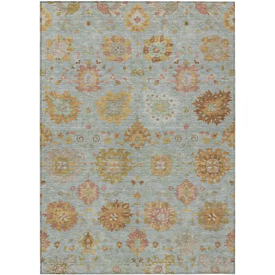 Pale Aqua And Gold Damask Washable Indoor Outdoor Area Rug Photo 2