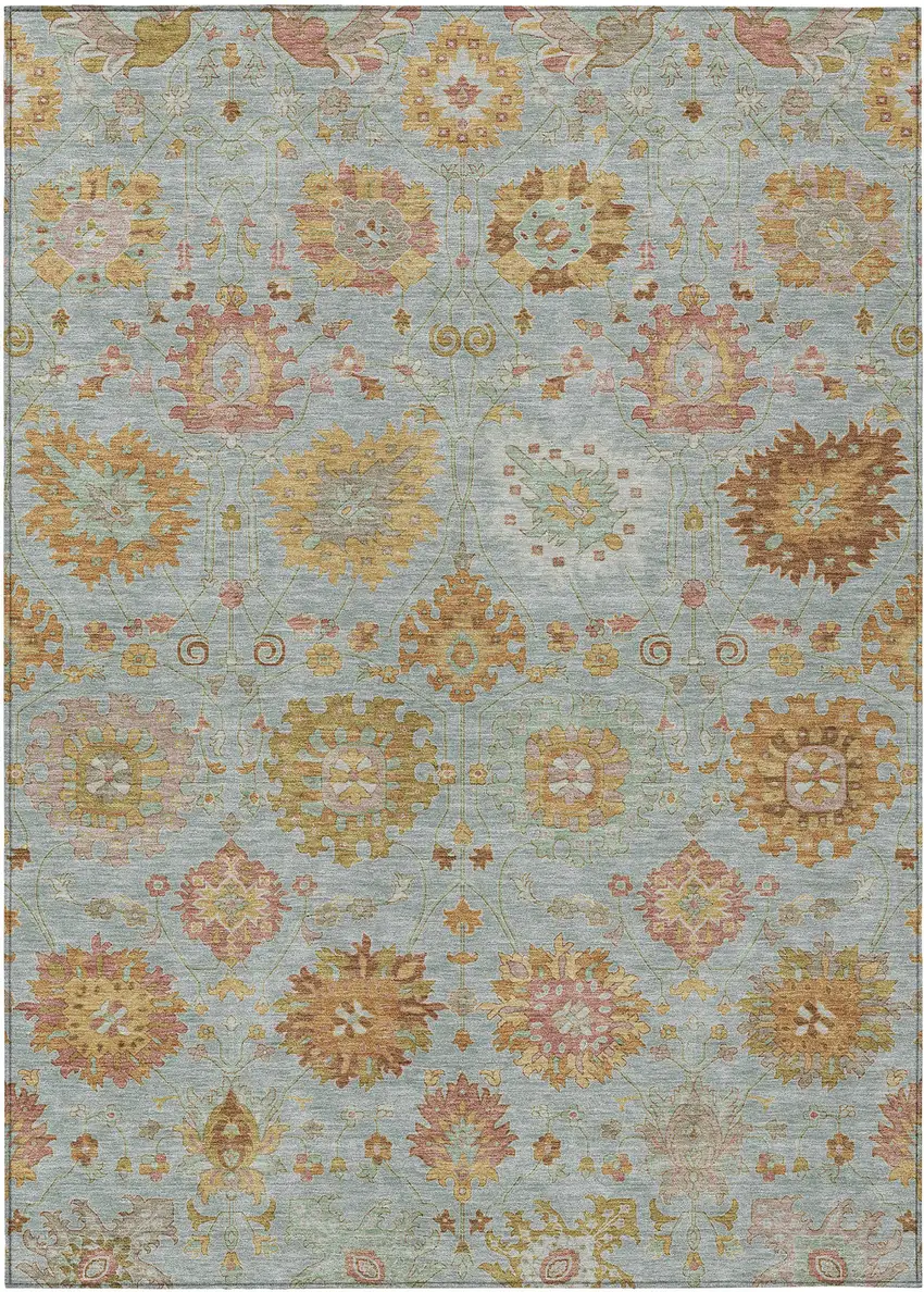 Pale Aqua And Gold Damask Washable Indoor Outdoor Area Rug Photo 2