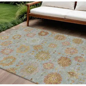 Photo of Pale Aqua And Gold Damask Washable Indoor Outdoor Area Rug
