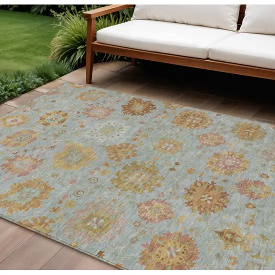 Pale Aqua And Gold Damask Washable Indoor Outdoor Area Rug Photo 1