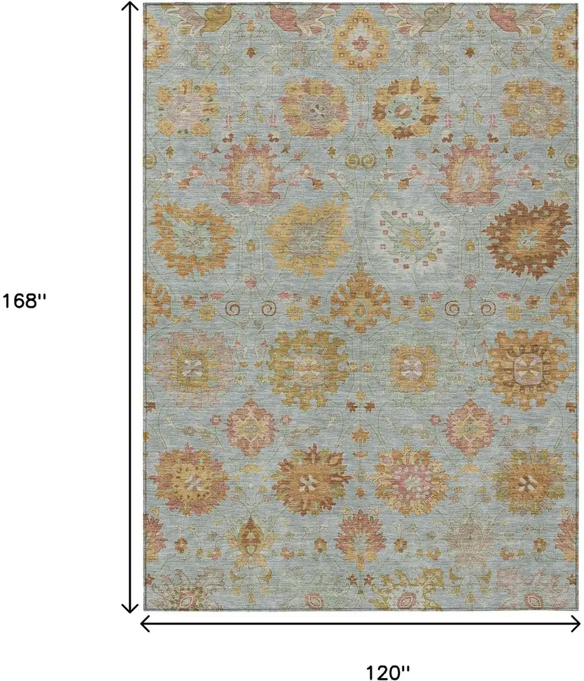 Pale Aqua And Gold Damask Washable Indoor Outdoor Area Rug Photo 3