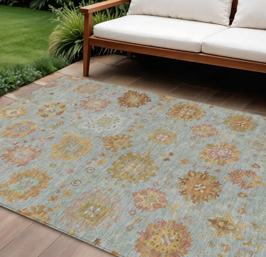 Pale Aqua And Gold Damask Washable Indoor Outdoor Area Rug Photo 1