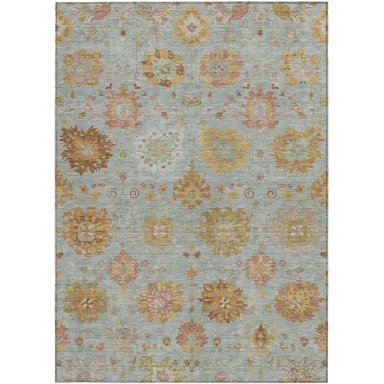 Pale Aqua And Gold Damask Washable Indoor Outdoor Area Rug Photo 4