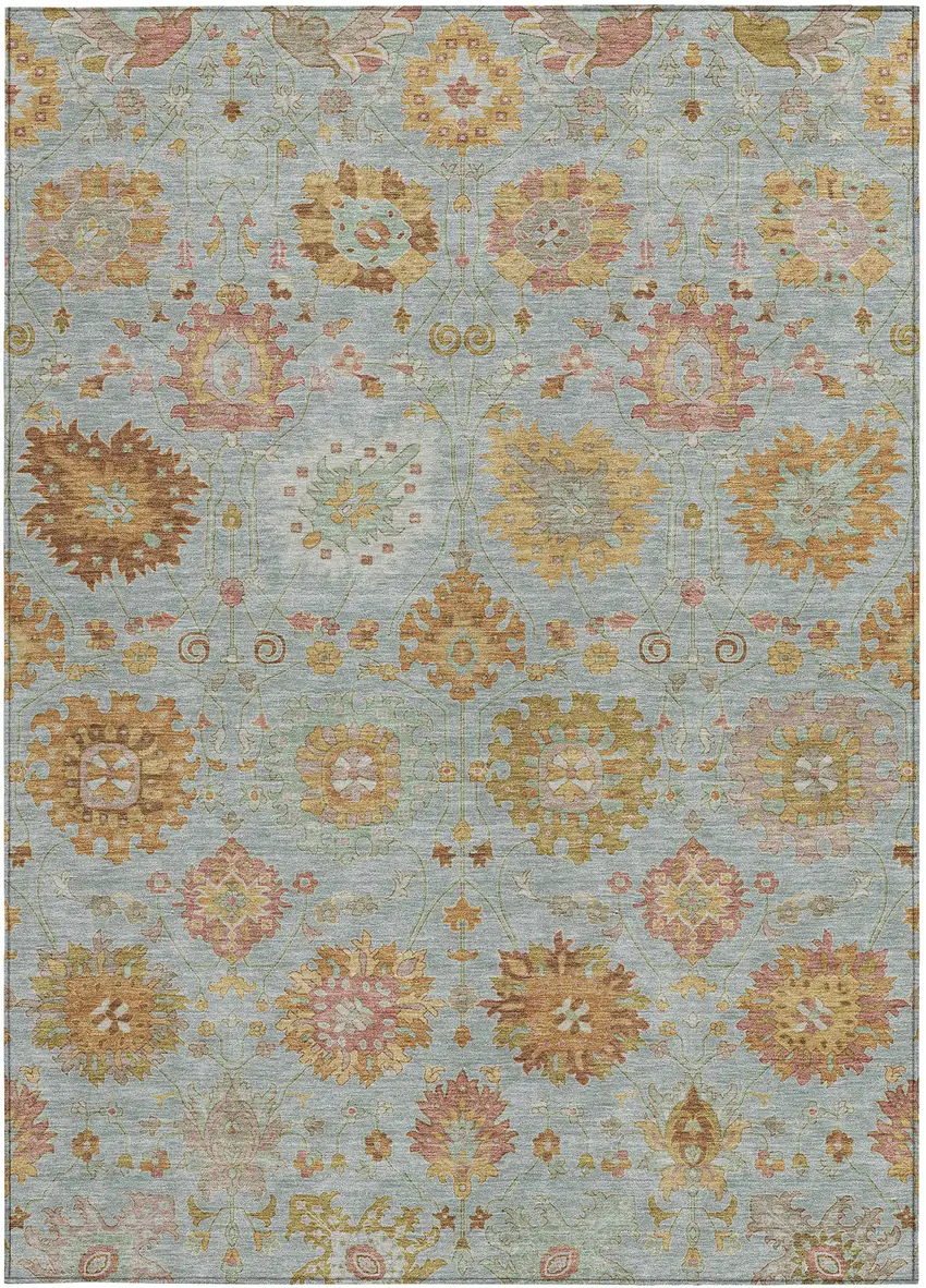 Pale Aqua And Gold Damask Washable Indoor Outdoor Area Rug Photo 4