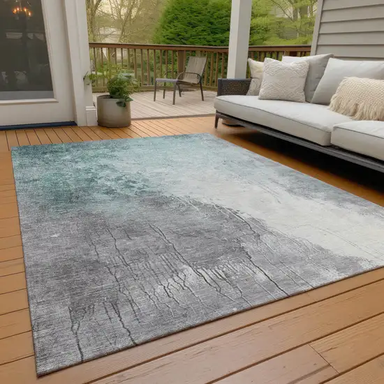 Pale Aqua And Gray Abstract Washable Indoor Outdoor Area Rug Photo 7