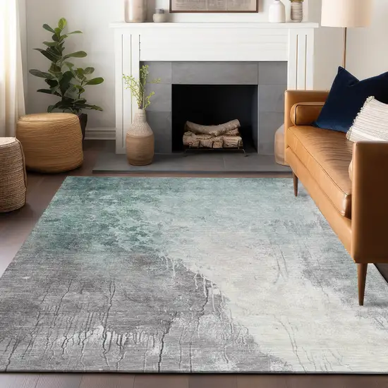 Pale Aqua And Gray Abstract Washable Indoor Outdoor Area Rug Photo 5