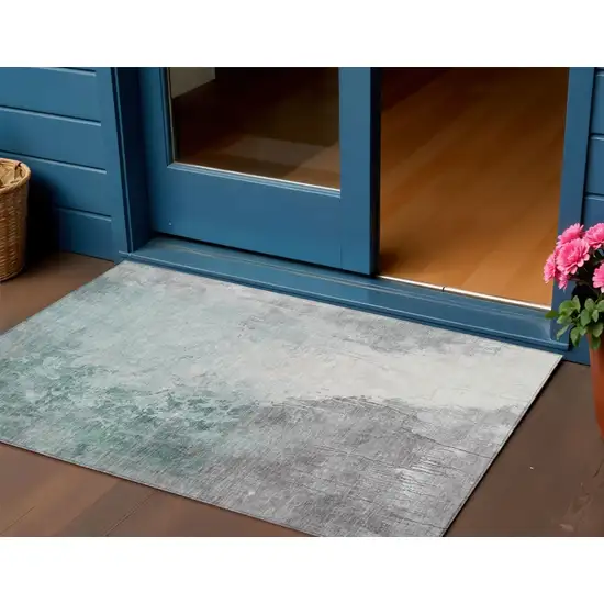 Pale Aqua And Gray Abstract Washable Indoor Outdoor Area Rug Photo 2