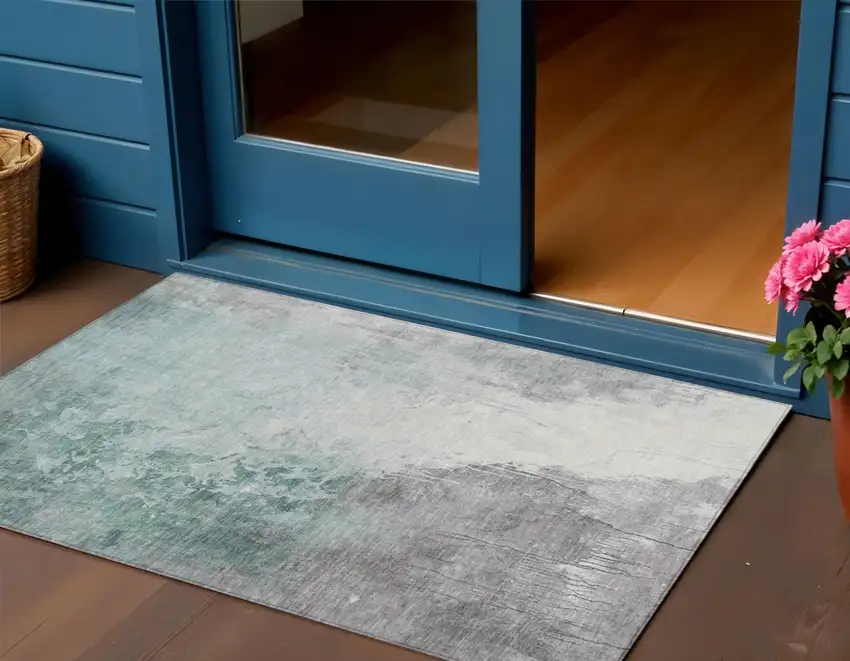 Pale Aqua And Gray Abstract Washable Indoor Outdoor Area Rug Photo 2