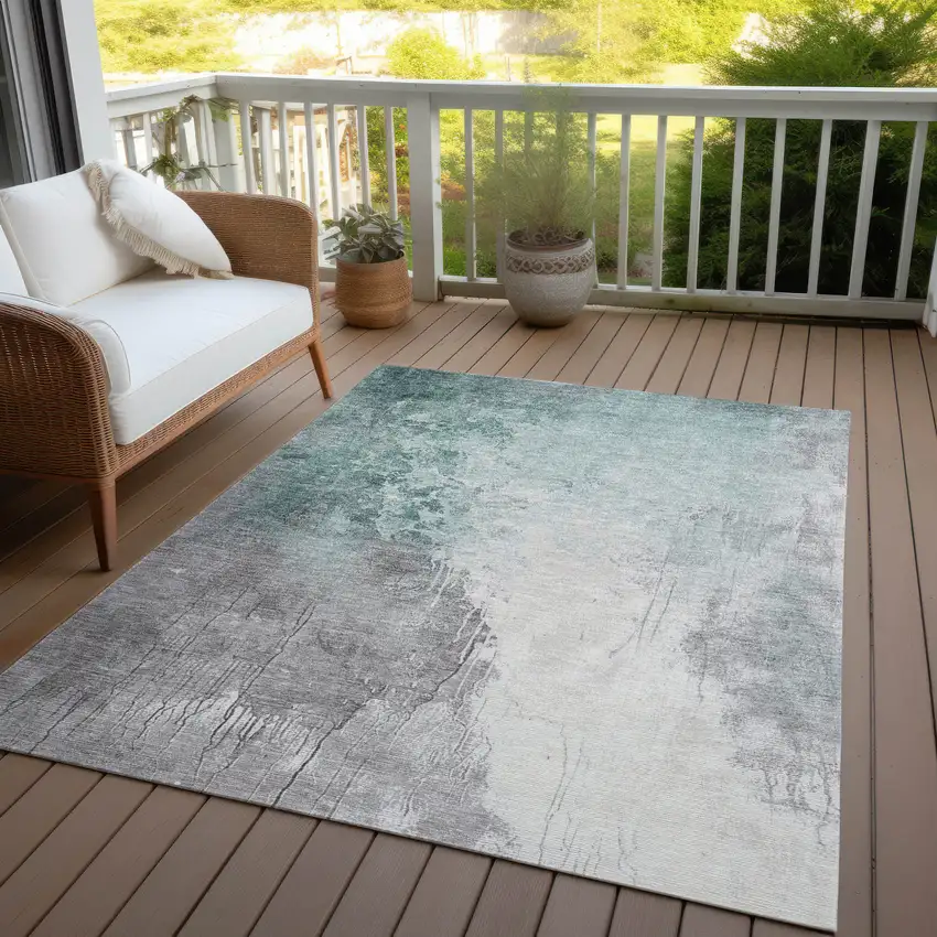 Pale Aqua And Gray Abstract Washable Indoor Outdoor Area Rug Photo 4