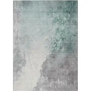 Photo of Pale Aqua And Gray Abstract Washable Indoor Outdoor Area Rug
