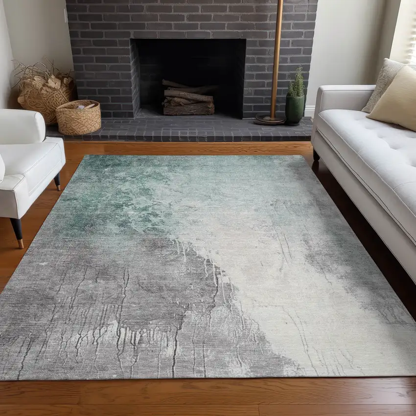 Pale Aqua And Gray Abstract Washable Indoor Outdoor Area Rug Photo 7