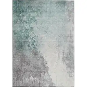 Photo of Pale Aqua And Gray Abstract Washable Indoor Outdoor Area Rug