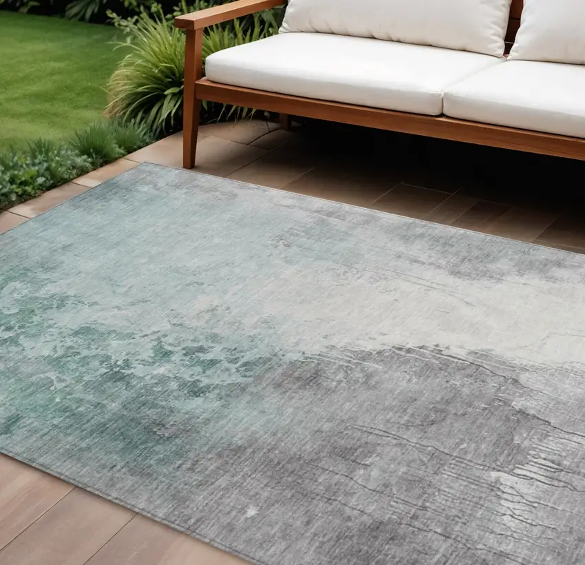 Pale Aqua And Gray Abstract Washable Indoor Outdoor Area Rug Photo 2