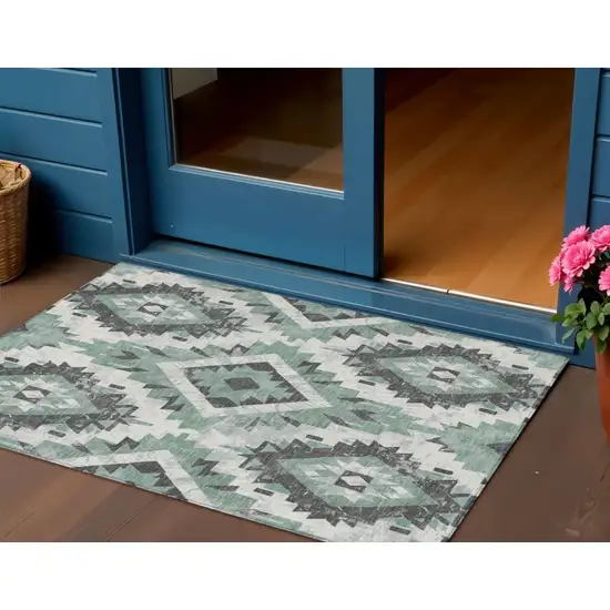 Pale Aqua And Gray Aztec Washable Indoor Outdoor Area Rug Photo 2