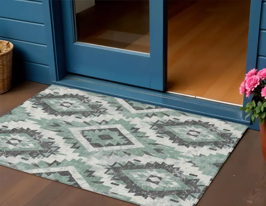 Pale Aqua And Gray Aztec Washable Indoor Outdoor Area Rug Photo 2