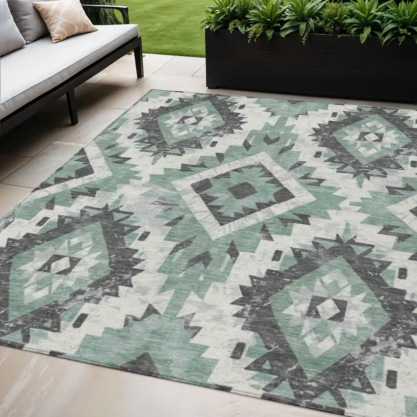 Pale Aqua And Gray Aztec Washable Indoor Outdoor Area Rug Photo 2