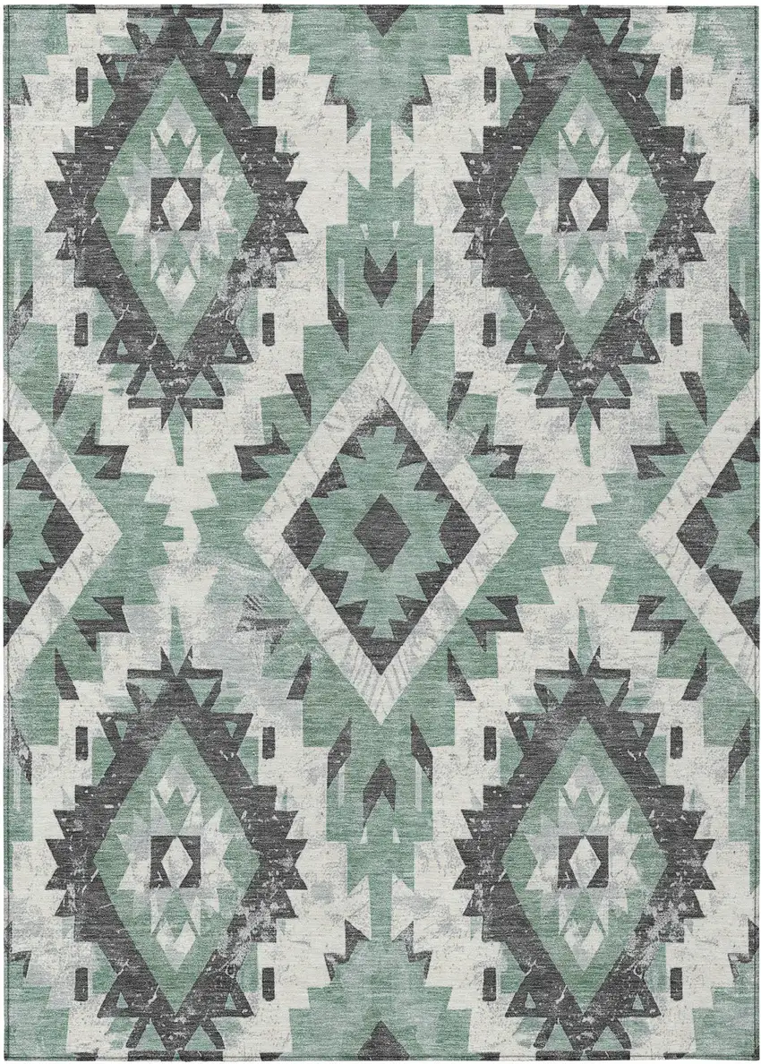 Pale Aqua And Gray Aztec Washable Indoor Outdoor Area Rug Photo 1