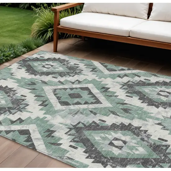 Pale Aqua And Gray Aztec Washable Indoor Outdoor Area Rug Photo 2