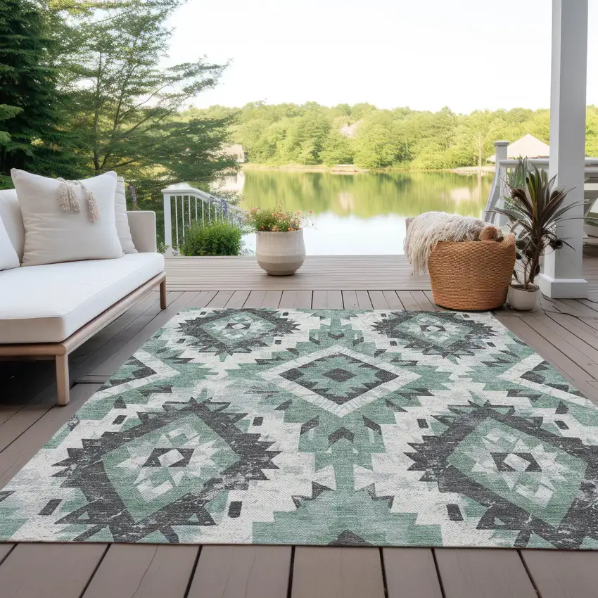 Pale Aqua And Gray Aztec Washable Indoor Outdoor Area Rug Photo 5
