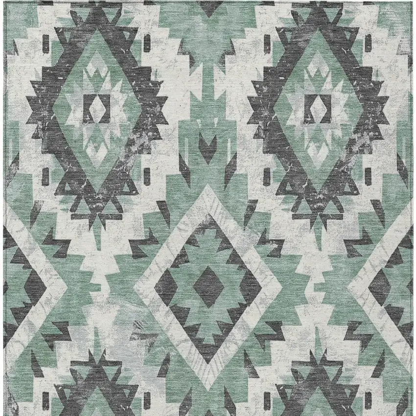 Pale Aqua And Gray Aztec Washable Indoor Outdoor Area Rug Photo 9