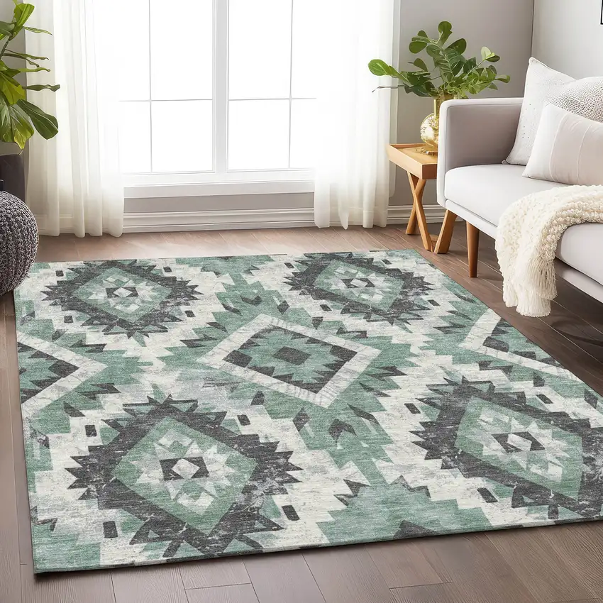 Pale Aqua And Gray Aztec Washable Indoor Outdoor Area Rug Photo 6
