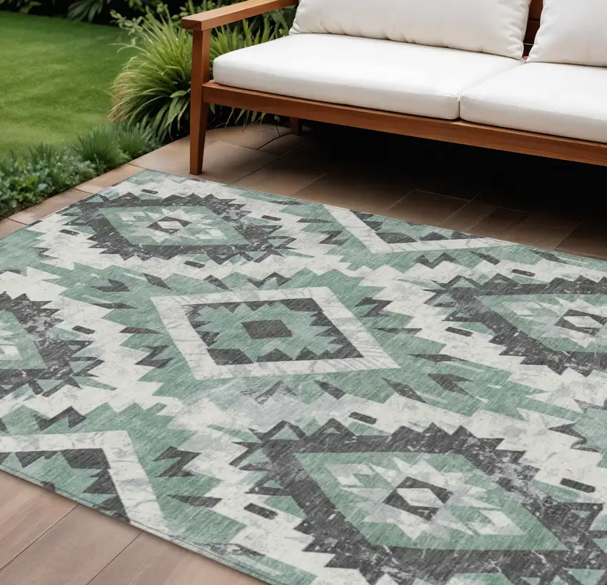 Pale Aqua And Gray Aztec Washable Indoor Outdoor Area Rug Photo 2