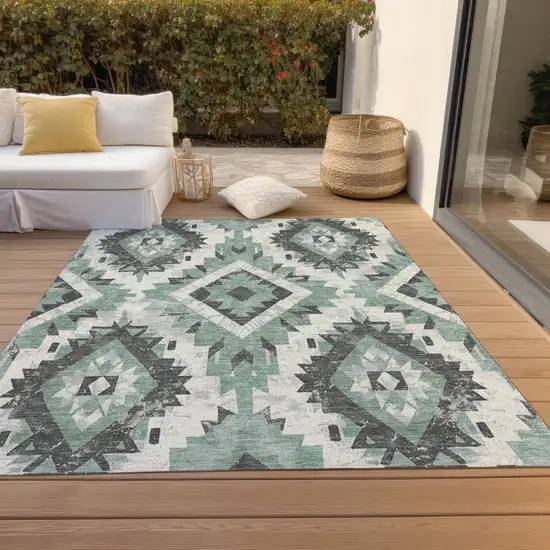 Pale Aqua And Gray Aztec Washable Indoor Outdoor Area Rug Photo 8