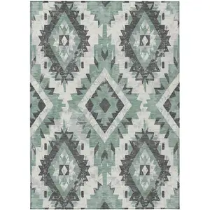 Photo of Pale Aqua And Gray Aztec Washable Indoor Outdoor Area Rug