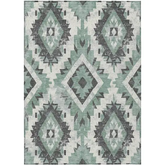 Pale Aqua And Gray Aztec Washable Indoor Outdoor Area Rug Photo 1